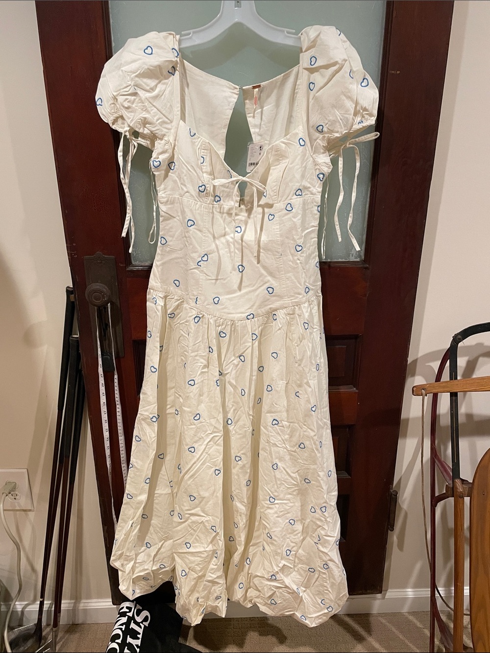 Free People Cream Puff-Sleeve Maxi Dress with Blue Heart Print